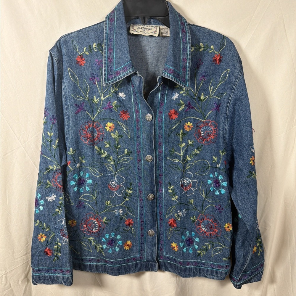 TANTRUMS Vintage Denim Jacket Women's M Button Up Embroidered Floral Boho